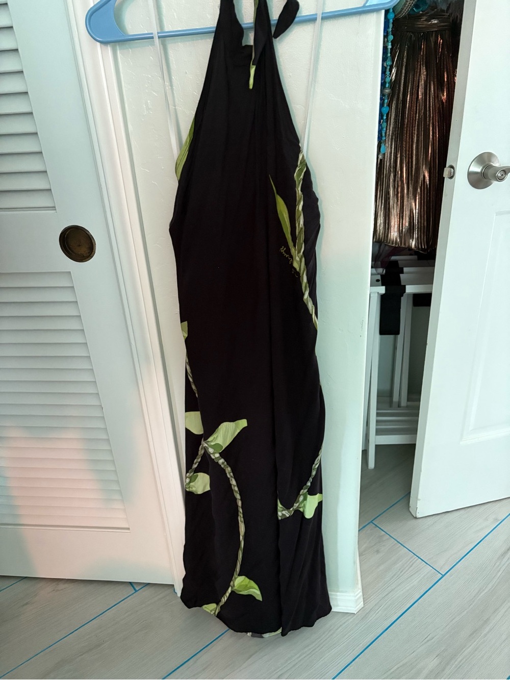 Black Halter Maxi Dress with Green Botanical Accent